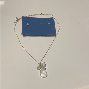 Gold Tone Necklace & Stud Earrings Set Iridescent Bead Drop Pendant‎ Jewelry